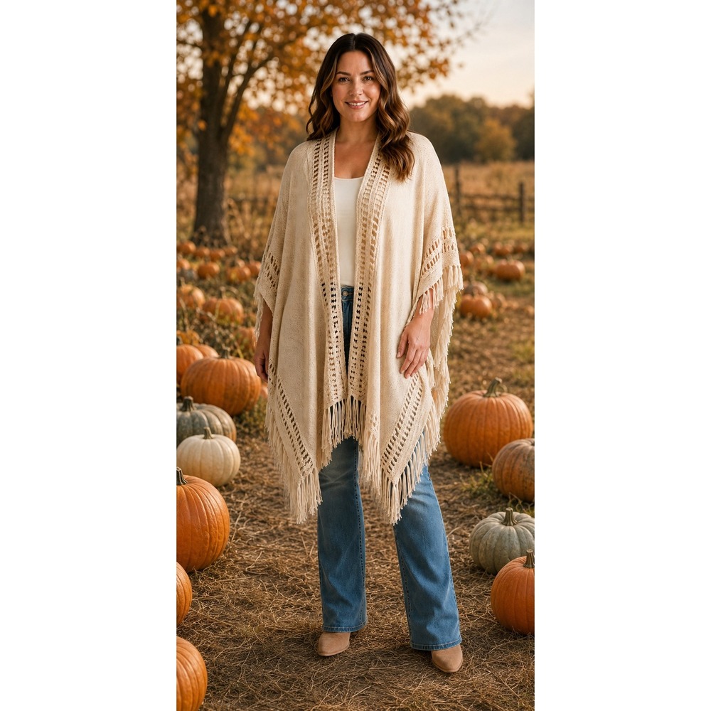 Cream Crochet Fringe Poncho Cardigan Boho Festival Cottagecore One Size